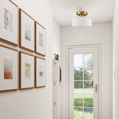 Modern Semi Flush Ceiling Lights Opal Glass Drum Shade